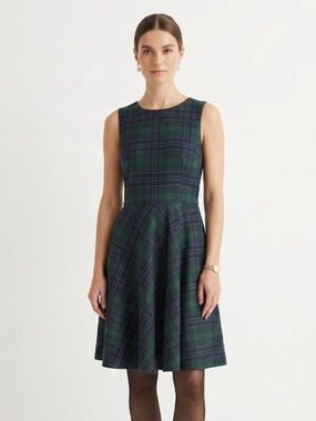 Talbots Dark Green and Navy Plaid Midi Fit-and-Flare Dress